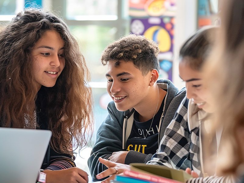 3 students having a conversation with eachother in a classroom